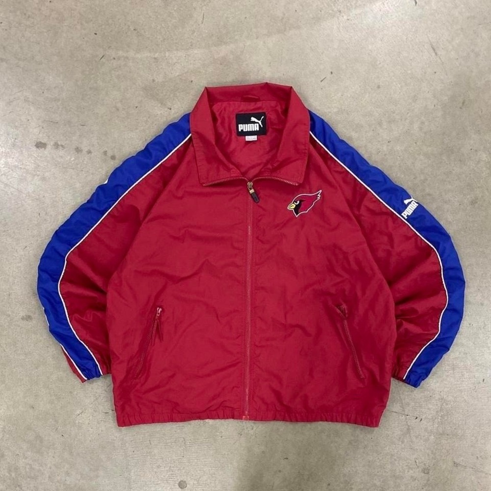 Vintage NFL Arizona Cardinals 90s Puma Full Zip Up Striped Blue Sleeve Jacket XL
